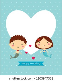 cute mermaid cartoon couple happy wedding greeting card vector illustration.