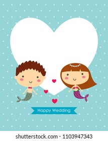 cute mermaid cartoon couple happy wedding greeting card vector illustration.