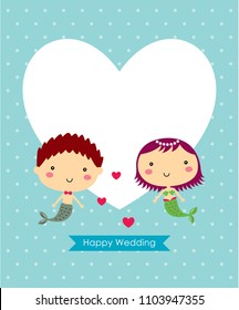 cute mermaid cartoon couple happy wedding greeting card vector illustration.
