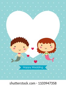 cute mermaid cartoon couple happy wedding greeting card vector illustration.
