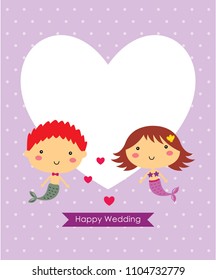 cute mermaid cartoon couple happy wedding greeting card vector illustration.