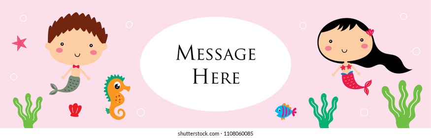 cute mermaid cartoon couple happy wedding banner vector illustration. cute mermaid cartoon banner.