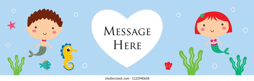 cute mermaid cartoon couple happy wedding banner vector illustration. cute mermaid cartoon banner.