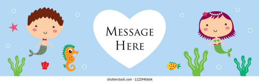 cute mermaid cartoon couple happy wedding banner vector illustration. cute mermaid cartoon banner.