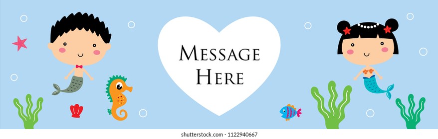 cute mermaid cartoon couple happy wedding banner vector illustration. cute mermaid cartoon banner.