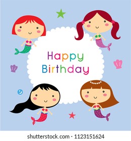 cute mermaid cartoon happy birthday card vector. cute mermaids birthday greeting card. mermaid birthday card.