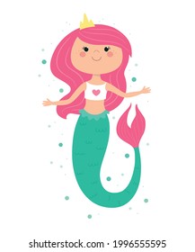 Cute mermaid in cartoon style. Children's illustration, print for clothes, sticker, poster. Vector.