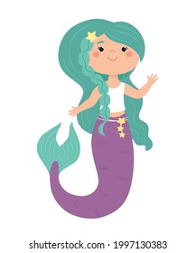 Cute mermaid in cartoon style. Children's illustration, print for clothes, sticker, poster. Vector.