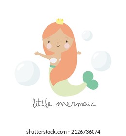 Cute mermaid in cartoon style. For kids stuff, card, posters, banners, books, printing on the pack, printing on clothes, fabric, wallpaper, textile or dishes. Vector illustration.