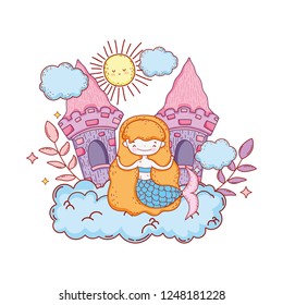 cute mermaid with castle in cloud