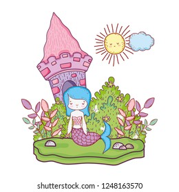cute mermaid with castle in the landscape