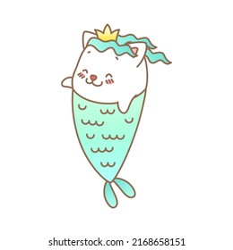 Cute mermaid cat. Cartoon illustration of a little kitten with mermaid tail isolated on a white background. Vector 10 EPS.