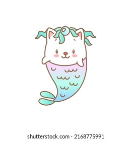 Cute mermaid cat. Cartoon illustration of a little kitten with mermaid tail isolated on a white background. Vector 10 EPS.