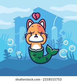 Cute mermaid cat crying broken heart on the background of the atlantis ocean cartoon vector illustration