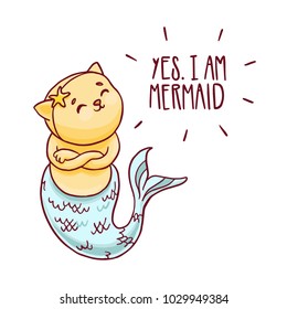 Cute mermaid cat with handwritten inscription. Vector isolated illustration.