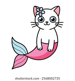 Cute mermaid cat illustration with flower accessory