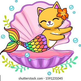 Cute mermaid cat with rainbow fish tail in pink seashell. Vector illustration isolated