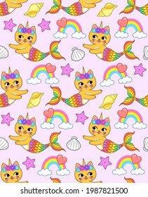 Cute mermaid cat with rainbow and seashells. Vector seamless  pattern