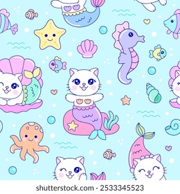 Cute mermaid cat Seamless Pattern for fabric textile prints, scrapbooking, wrapping paper, gift wrap, etc