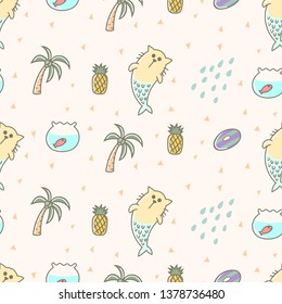 Cute mermaid, cat summer seamless pattern