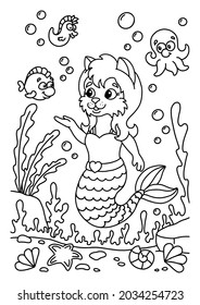 Cute mermaid cat in the underwater world. Coloring book page for kids. Cartoon style. Vector illustration isolated on white background.