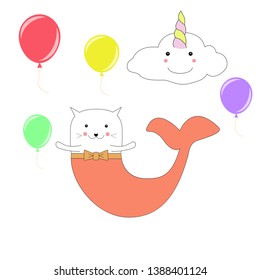 cute mermaid cat and unicorn cloud with balloons. Card or poster template, childish motive