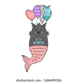 Cute mermaid cat vector illustration. Hand drawn outlined birthday underwater cat holding balloons. Isolated.