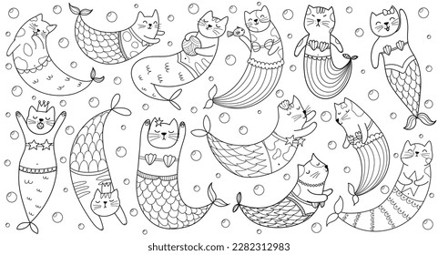 Cute mermaid cats black and white set for coloring book. Funny feline characters under the sea coloring page. Outline doodle animals collection in cartoon style. Vector illustration