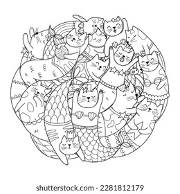 Cute mermaid cats circle shape coloring page. Doodle mandala with funny feline animals for coloring book. Outline background. Vector illustration