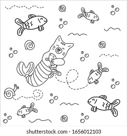 cute mermaid cats with fish and bubbles