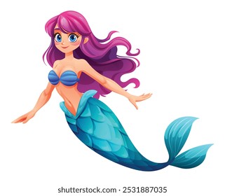 Lindo personaje de sirena con hermosos ojos. Vector ilustración de dibujos animados