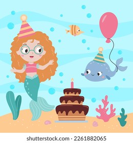 Cute mermaid character. Cartoon fish. Birthday party. Fairy tale. Vector illustration. 