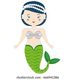Cute Mermaid character in Cartoon Style. vector illustration. Fairy undine princess. Sticker, paperdoll, kids vector illustration,