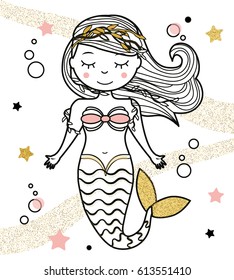 Cute Mermaid character in hand drawn style. vector illustration. Fairy undine princess. Sticker, paperdoll, coloring book, kids vector illustration