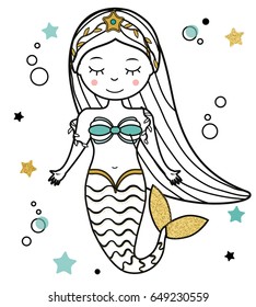 Cute Mermaid character in hand drawn style. vector illustration. Fairy undine princess. Sticker, paperdoll, coloring book, kids vector illustration,
