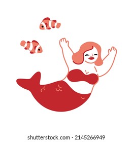 Cute mermaid character. Happy mermaid swimming in blue transparent water with fish. Vector illustration.