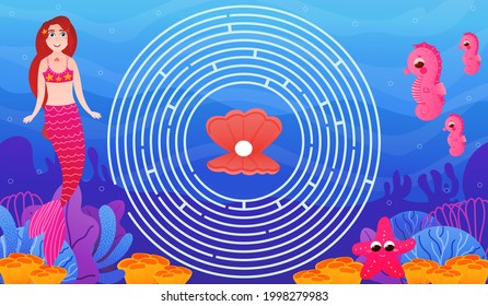 Cute mermaid character and seahorse, help them to find way to pearl, underwater colourful illustration in cartoon style, printable worksheet with ciracle maze for kids, fantasy riddle game
