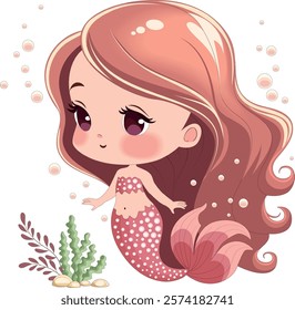 Cute mermaid character swimming gracefully in underwater scene with bubbles and aquatic plants