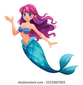 Cute mermaid character waving her hand in a friendly gesture. Vector cartoon illustration