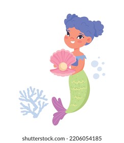 Cute mermaid character. Young girl holds pink open shell with pearls. Fairy tale and fictional character. Sea ocean. Graphic element for printing on clothes. Cartoon flat vector illustration