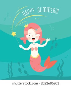 Cute mermaid in chibi flat style under the ocean. Mermaid wearing a crown, a necklace and a bracelet. Some fishes are swimming around her. 