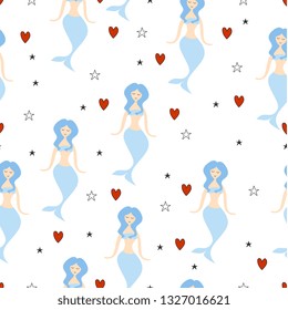 Cute mermaid childish drawing colorful cartoon seamless pattern background for kids and baby fashion textile ready for print