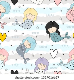 Cute mermaid childish drawing colorful cartoon seamless pattern background for kids and baby fashion textile ready for print