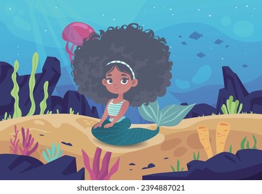 Cute mermaid children afro hair black girl underwater