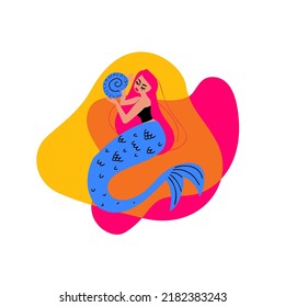 Cute mermaid with closed eyes holding shell in hands. A magical underwater creature on a colorful bright background. Undersea world concept