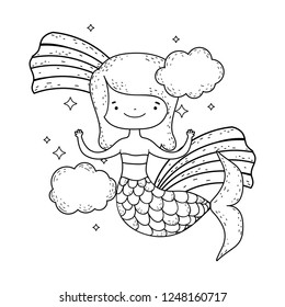 cute mermaid with clouds and rainbow