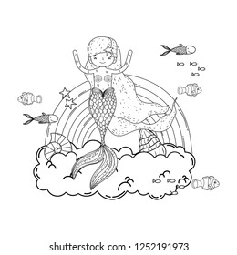cute mermaid with clouds and rainbow