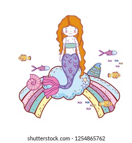 cute mermaid with clouds and rainbow