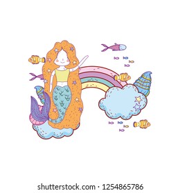 cute mermaid with clouds and rainbow