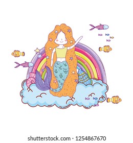 cute mermaid with clouds and rainbow